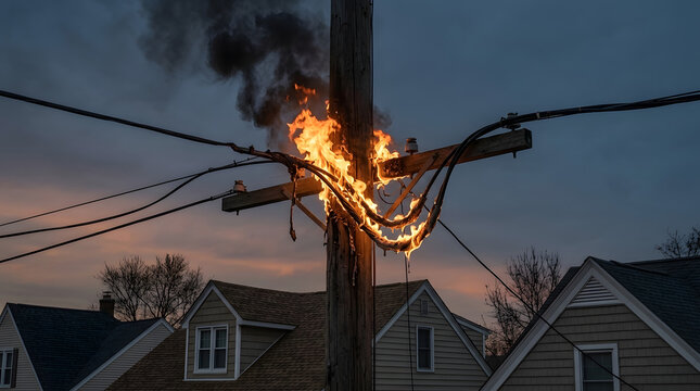 Burning Electrical Cables on Wooden Utility Pole in Residential Neighborhood at Dusk