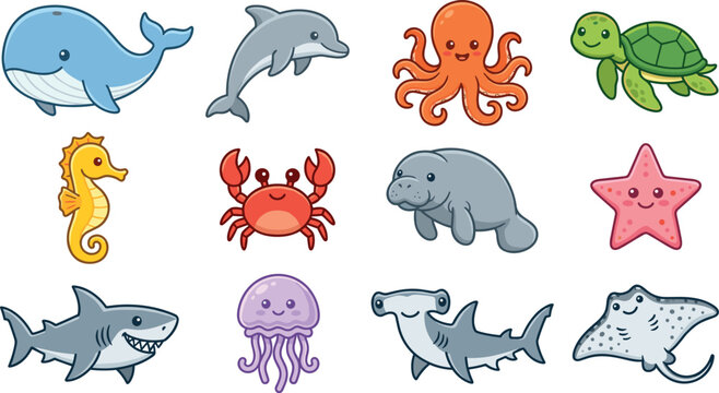 Cute ocean animal cartoon vector collection featuring whale, dolphin, octopus, sea turtle, seahorse, crab, shark, jellyfish, stingray, and manatee illustrations