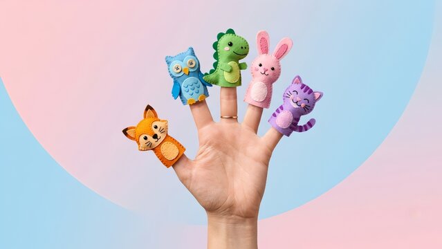 Colorful Animal Finger Puppets on Hand Against Pastel Background, Creative Educational Play Concept