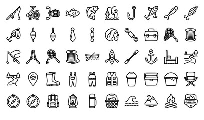 Fishing Equipment and Catch Scene Editable Line Icons Set for Outdoor Sport and Recreation © MdKawshar