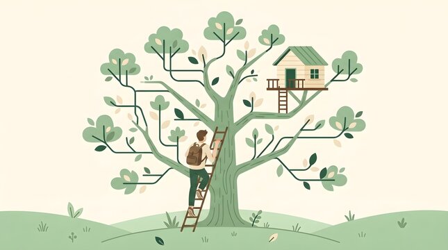 Creative mind mapping tree with interconnected treehouses for brainstorming sessions.