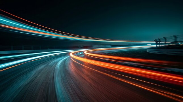 Long exposure shot of racing car light trails creating a speed motion blur background.