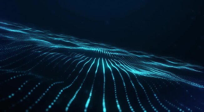 Abstract digital wave patterns with glowing lines in deep blue ocean depths
