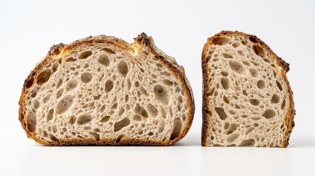 Two Slices of Freshly Baked Artisanal Sourdough Bread Displayed Against a Clean Minimalist White Background