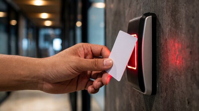 Person scanning blank white identification card against digital electronic access control reader security system device with reader mounted concrete close hand holding authentication