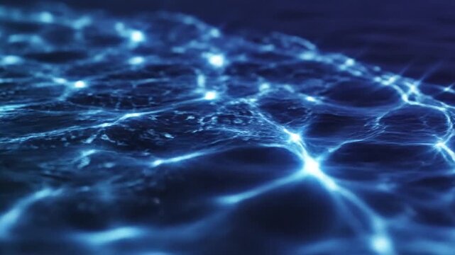 Water ripples reflect bright blue electric sparks that dance across the dark liquid surface creating a mesmerizing pattern of light and shadow that enhances the serene yet energetic aquatic visual.