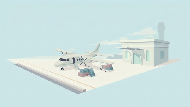 Isometric vector illustration of a small airport terminal with a plane and luggage