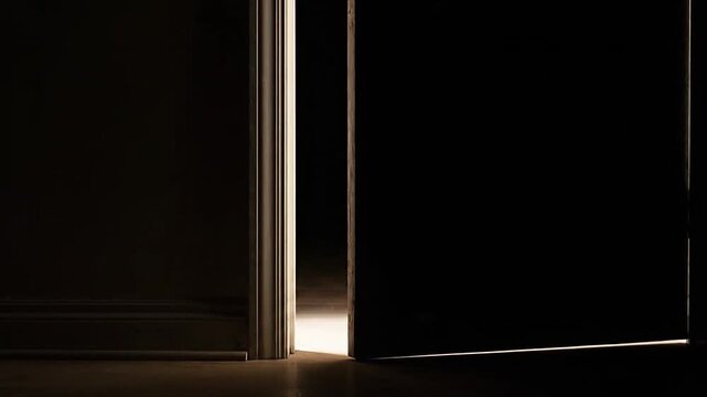 Door left slightly ajar reveals a sliver of bright light glowing against the dark floor of the room, creating an atmosphere of suspense, mystery, and curiosity about what lies beyond the threshold.