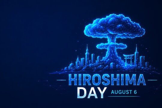 Digital illustration of hiroshima day memorial with mushroom cloud over glowing city skyline august 6. senior citizens day hiroshima explosion memorial. senior citizens day