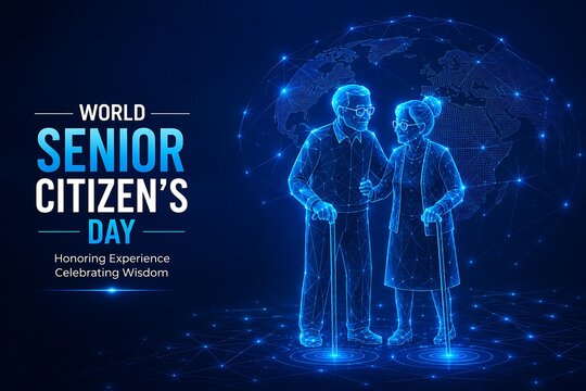 Digital illustration of elderly couple standing together representing world senior citizens day with technology celebration abstract connection togetherness. senior citizens day