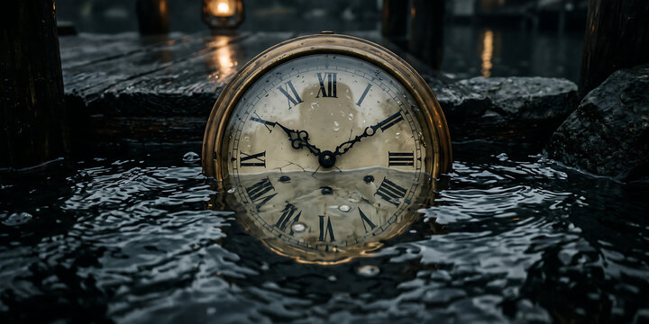 Vintage clock partially submerged in dark water creating ripples with atmospheric lighting near wooden structure during moody sunset or twilight scene.