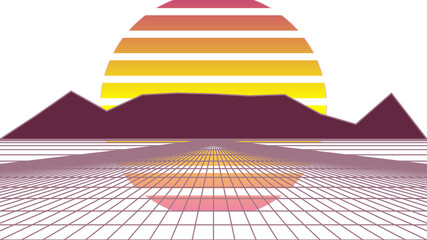 Retro Synthwave Landscape with Sunset Striped Sun, Maroon Mountains, and Pink Digital Grid © Abdul Hamid