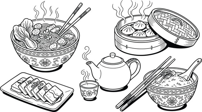 Traditional Chinese food assortment vector illustration featuring noodle bowl dim sum bamboo steamer tofu and teapot