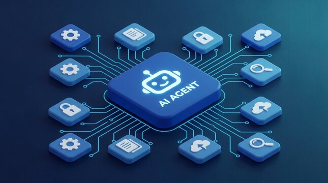 Artificial intelligence agent centralized digital network concept with connected blue interface icons on dark background with interconnected icons representing representing various technology