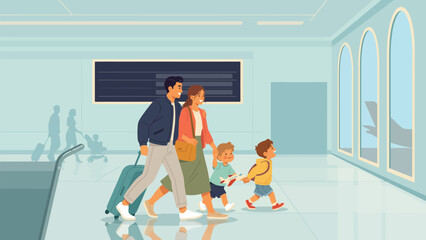 Family walking through airport terminal with luggage for vacation travel terminal vacation aviation suitcase © Rubel