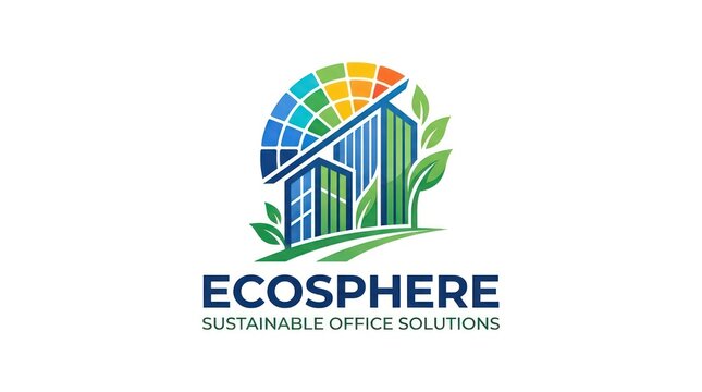 Modern eco-friendly corporate logo design with sustainable office building. Green business branding featuring renewable energy and urban architecture.