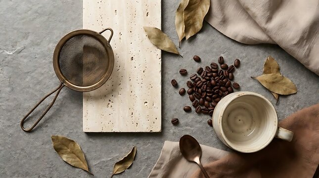 Artisan coffee flat lay with beans and stone slab.