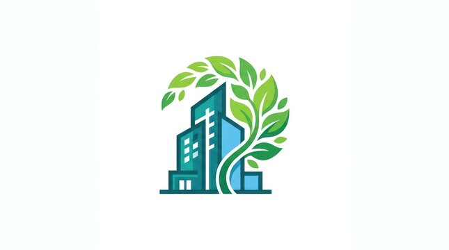 Sustainable architecture logo with green leaf and modern buildings. Eco-friendly urban design symbol for corporate branding and real estate develop...
