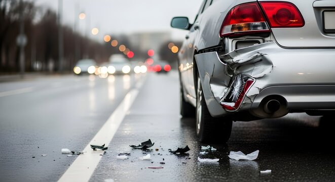 Silver Vehicle Involved in a Road Accident with Significant Rear Bumper Damage on a Wet City Street