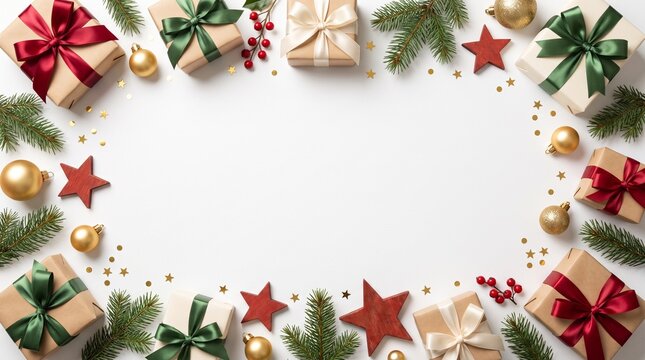 Festive christmas border composed of various gift boxes with silk ribbons accompanied by natural pine branches golden baubles red berries and tiny wooden stars overhead view