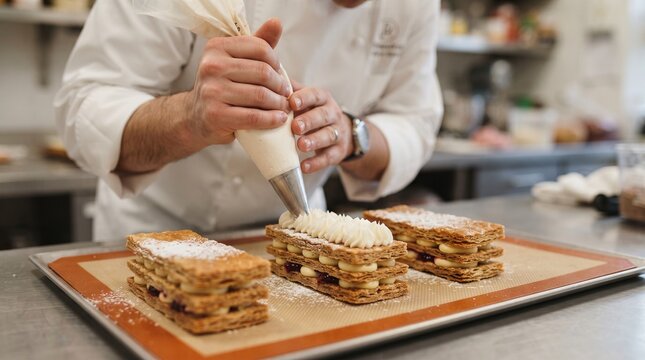 Close-up of a chef in white coat piping white cream onto golden layered mille-feuille pastries on a silicone baking mat over metal countertop, two pastries dusted with powdered sugar, blurred stainles
