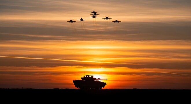 Military Tank Silhouette Underneath Formation of Fighter Jets During a Golden Sunset