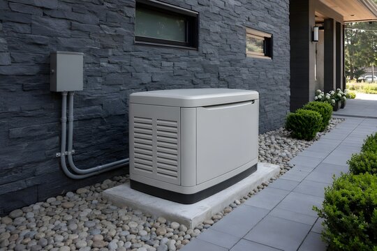 Standby Home Backup Generator Installed Outside a Modern House for Emergency Power Supply