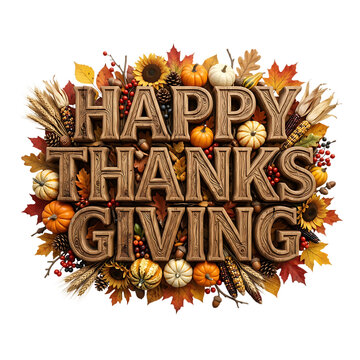 Happy thanksgiving text sign decorated with colorful autumn leaves and harvest pumpkins