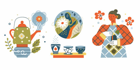 Fototapeta premium Tea Ceremony Illustration With Teapot Cups And Woman In Kimono