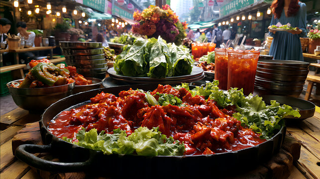 A platter of spicy dak galbi chicken served with lettuce wraps in a lively market scene (1)
