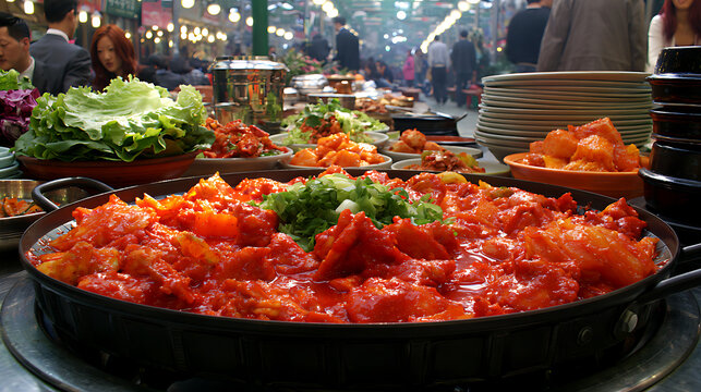 A platter of spicy dak galbi chicken served with lettuce wraps in a lively market scene (3)