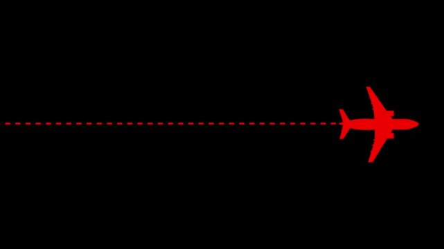 Animated black airplane silhouette flying with dashed line flight path on white background red 4k