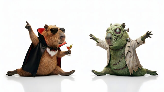 A dapper capybara dressed as a vampire holding a cocktail cheers with a green swamp creature wearing a lab coat and bolts in his head during a funny halloween party scene for spooky festivities