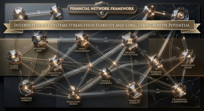 Financial Network Framework Illustrating Interconnected Systems for Stability and Long-Term Growth