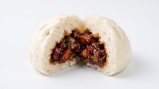 Delicious Steamed Chinese Pork Bao Bun with Savory Glazed Meat Filling Inside Soft Fluffy White Dough Isolated on a Clean White Background