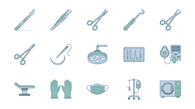 Collection of medical surgical instruments and equipment icons