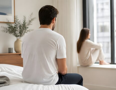 Stressed Couple Experiencing Relationship Problems Sitting Apart in Their Modern Bedroom