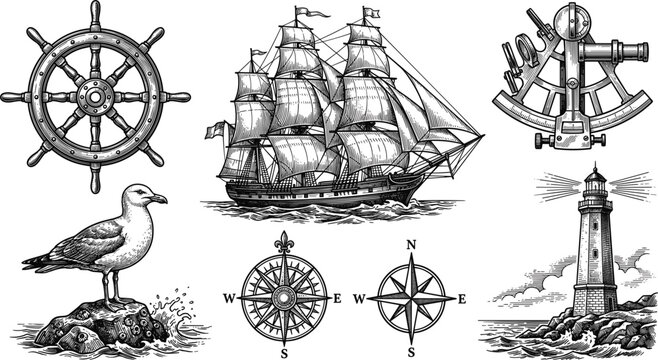 Vintage nautical adventure vector icon collection featuring old sailing ship lighthouse helm compass rose and seagull