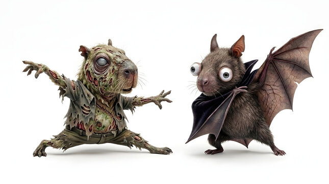 A decayed zombie wombat stands in an aggressive stance alongside a cartoonish vampire bat with bulging eyes representing a spooky Halloween narrative designed for thematic seasonal holiday
