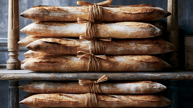 A shelf of baguettes tied with twine in a charming French style shop (2)