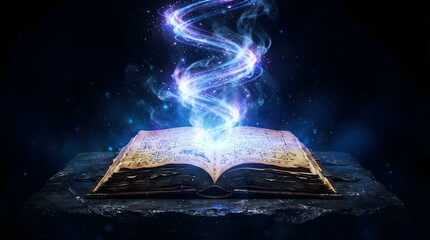 Fototapeta premium Ancient magical spellbook open on a dark stone surface with ethereal blue glowing energy swirling upwards