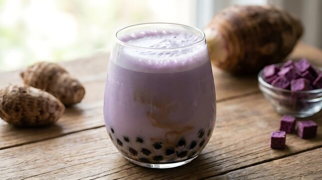 Purple taro boba tea with pearls on wood.
