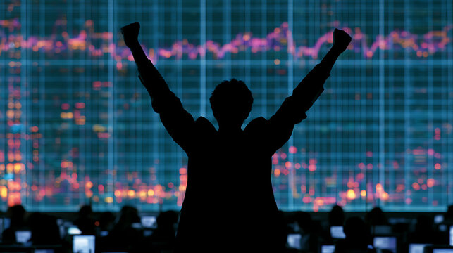 A single investor celebrating a successful trade on the stock market