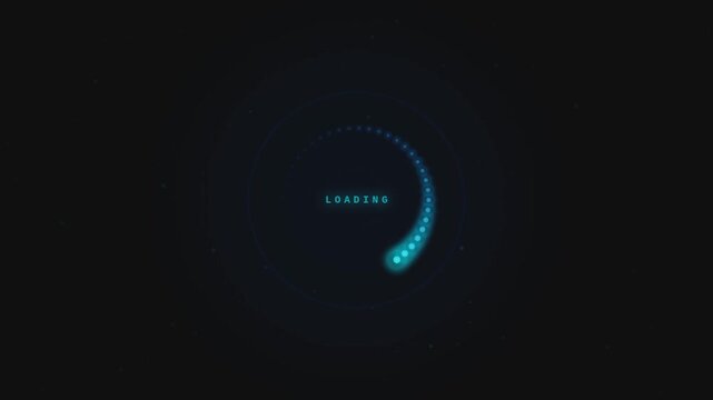 Futuristic loading bar animation, glowing blue circular progress indicator on black background, digital interface buffering screen for tech UI