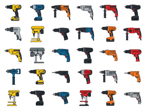 Collection of diverse electric power drills featuring handheld corded and cordless models along with sturdy benchtop drill presses for heavy construction and professional woodworking projects displaye