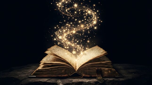 Open ancient magical book with glowing golden stardust particles swirling out of the pages in a dark mystical atmosphere