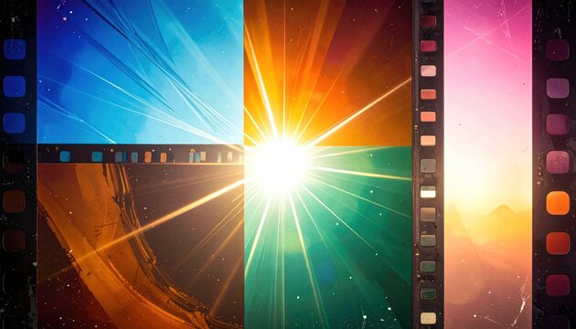 Abstract film strip montage with bright lens flare sunburst.