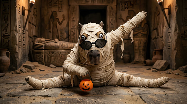A playful capybara wrapped in bandages like an ancient mummy wears dark sunglasses while sitting in an old Egyptian tomb holding a small carved jack-o-lantern for the festive Halloween