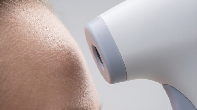 A close up of a person having their forehead temperature checked with a white digital ad social media download thambnail poster web template event festival 2026 2027 2028