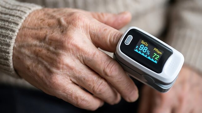 Pulse oximeter on senior hand measuring blood oxygen levels.